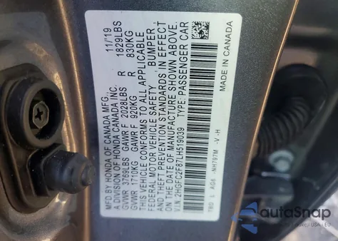 2020 Honda Civic Sport z USA, uszkodzony, nr VIN 2HGFC2F87LH519039